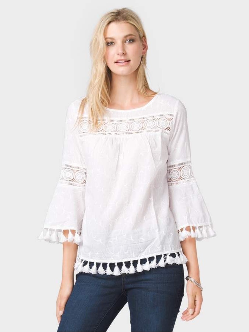 Westport White Lace Tassel Trim Peasant Top